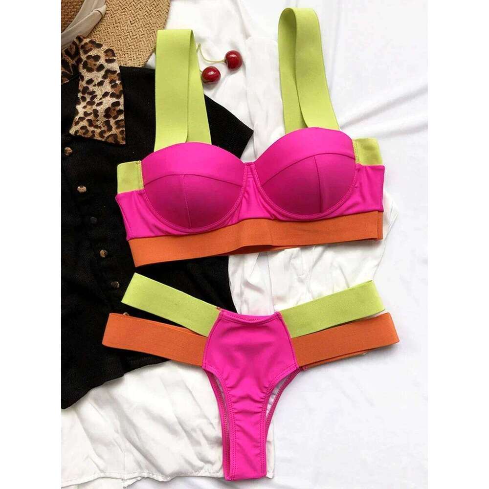 Splicing Push Up Bra Cup Women Swimsuit Female Swimwear Two-pieces Bikini Set High Cut Bathing Suit Swim Beach Wear XJ260206