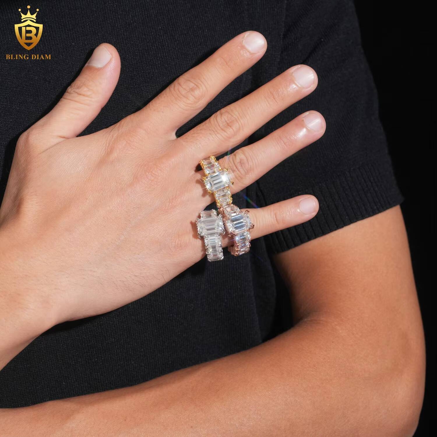Luxury Engagement Jewelry 925 Sterling Silver Gold Big Rings Emerald Cut With Vvs Moissanite Iced Out Diamond for Men Women