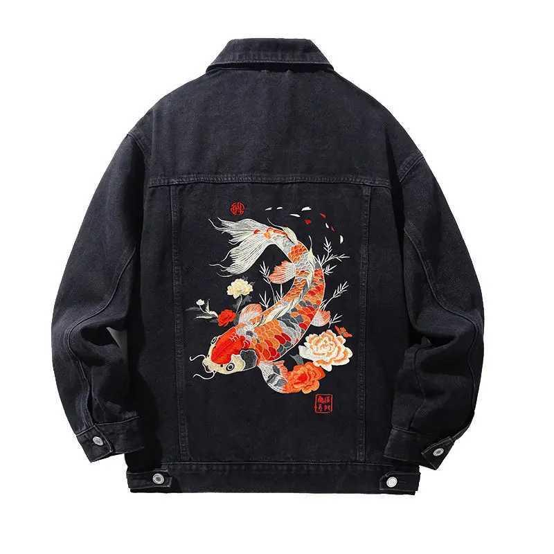 Denim Jacket Man Vintage Embroidery Jeans Jacket Women Chinese Brocaded Carp Original Denim Coat Fashion Streetwear M260309