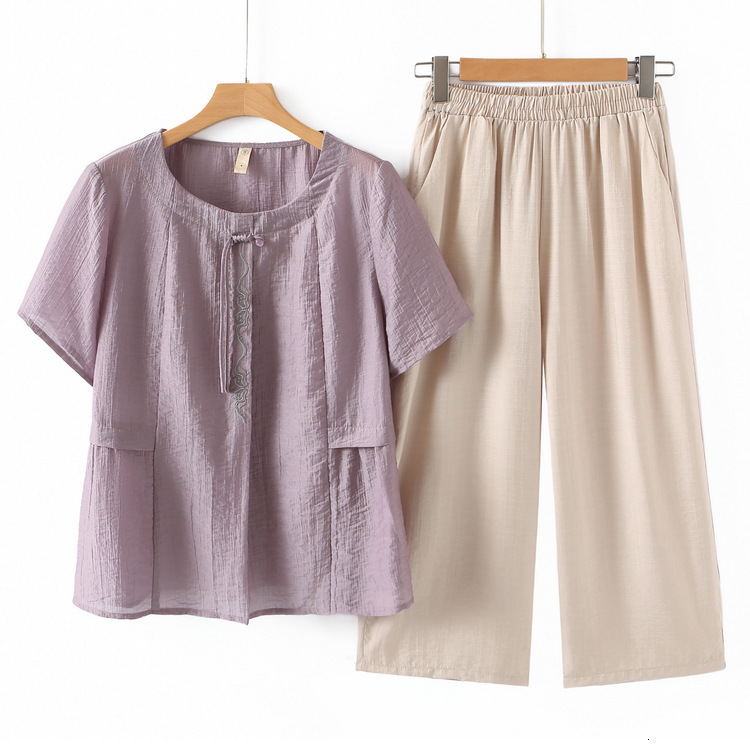 Middleaged Moms Summer Casual Fashion Tshirt Set 2025 Style for Middleaged and Elderly Agereducing Loose Slimming Top 210603