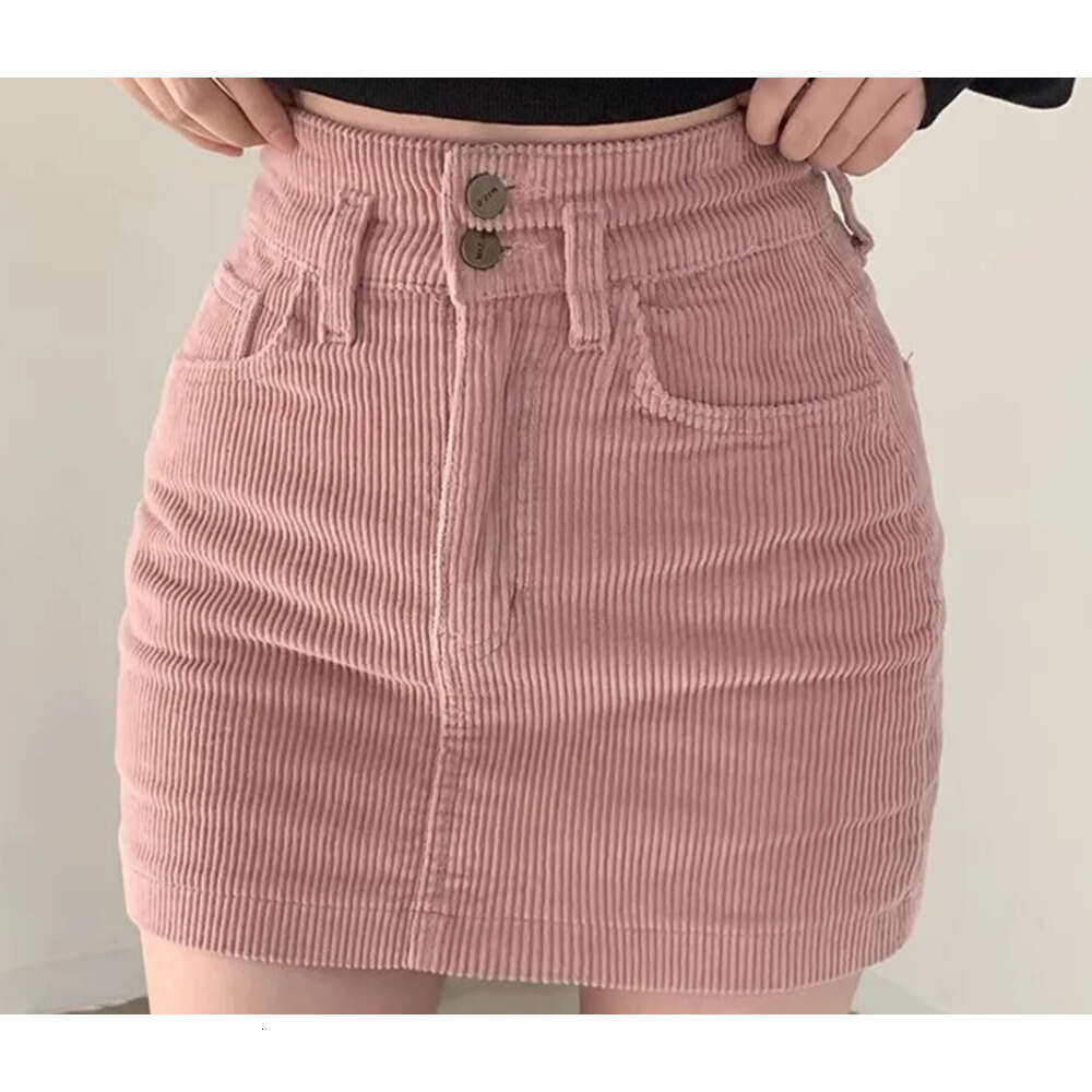 Corduroy Clothes Solid Button Design Date Girls Office Lady Pink Black High Waist Sexy Mini Cute Skirts XJ260309