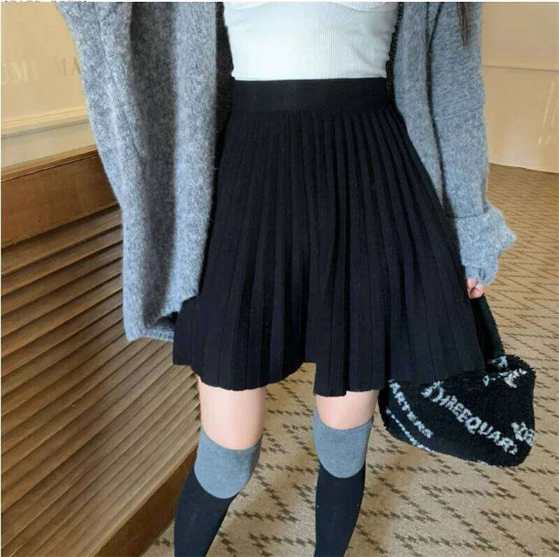 Spring Knit White Mini For A Line Skirt Gray High Waist Women Knitted Pleated Short Skirts Korean Fashion XJ260309
