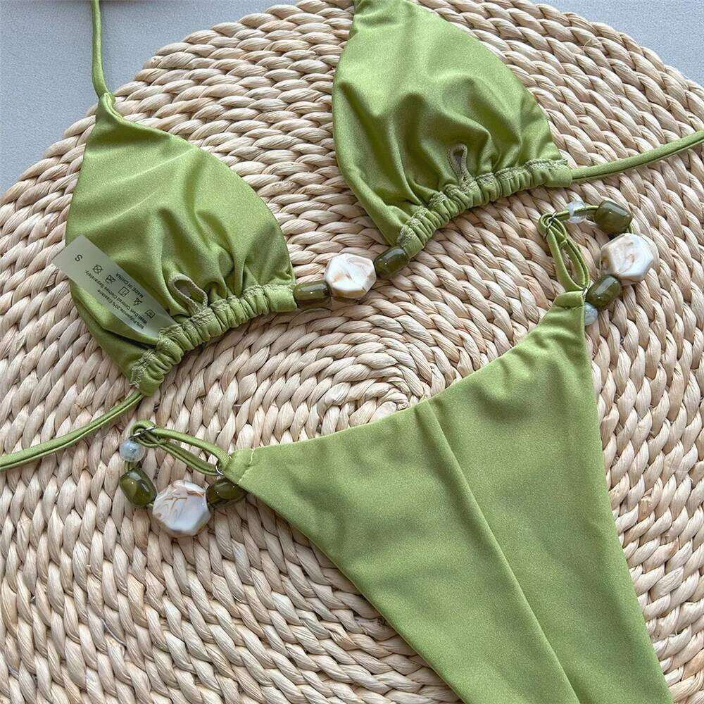 Solid Green Swimwears Sexy Halter Triangle Bead String Bikini Mini Micro Thong Swimsuit Woman 2026 Summer Brazilian Bikinis Sets XJ260206