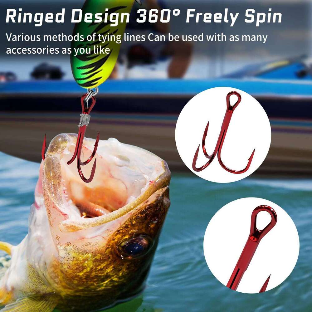 9KM 25Pcs Treble Hooks Red Fishing Triple Hook for Freshwater & Saltwater, High Carbon Steel S260305