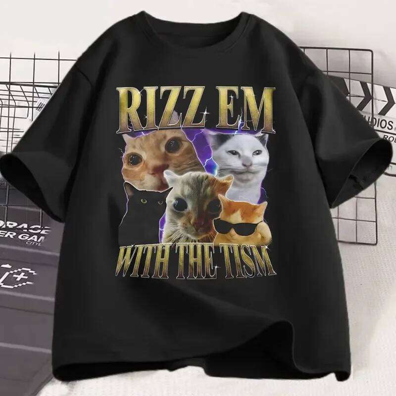 Rizz Em with The Tism T-Shirt Retro Funny Cat Summer T Shirt Tops Women Clothing Casual Short Sleeve T-Shirts graphic Y2K XJ260306