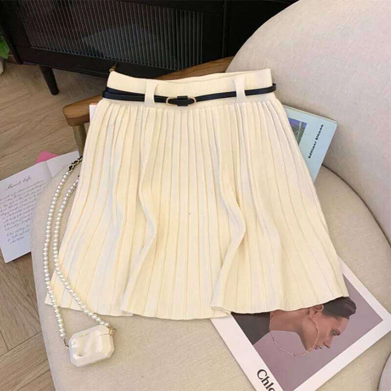 Autumn Winter Knitted Pleated Women Korean Fashion High Waist A-Line Skirts Ladies Elegant Streetwear Gray Mini Skirt XJ260309