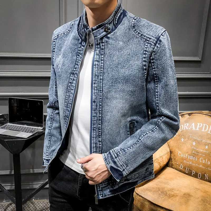 Vintage New Fashion American Mens Stand Collar Long Sleeve Zipper Casual Trendy Loose Simple Basic Denim Jackets Male Coats M260309
