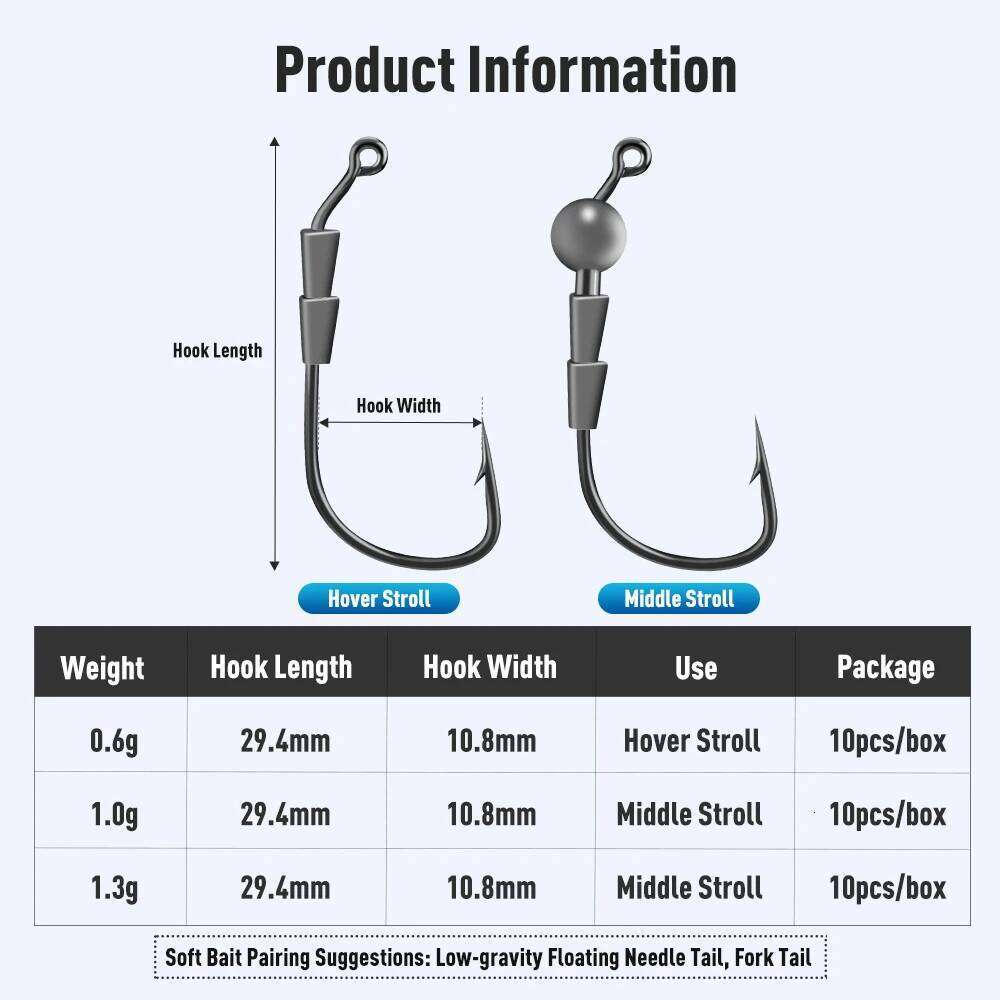 Kingdom 10pcs Hover Strolling Hooks 0.6g 1g 1.3g High Carbon Steel Jig Head Bass Trout Fishing Tackle Accessories Hook S260305