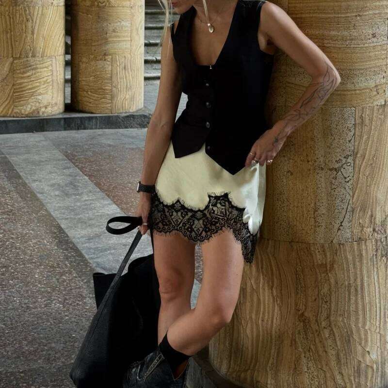 Fashion Satin Summer Mini Skirt Female Elegant Lace Trim Loose Y2k Skirts Streetwear XJ260309