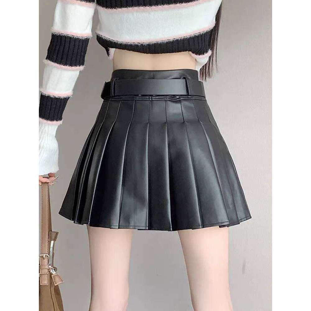 New 2025 Brown PU Leather Pleated Skirt: High Waist Slimming A-Line Mini Skirts for Petite Women - Spring Autumn XJ260309