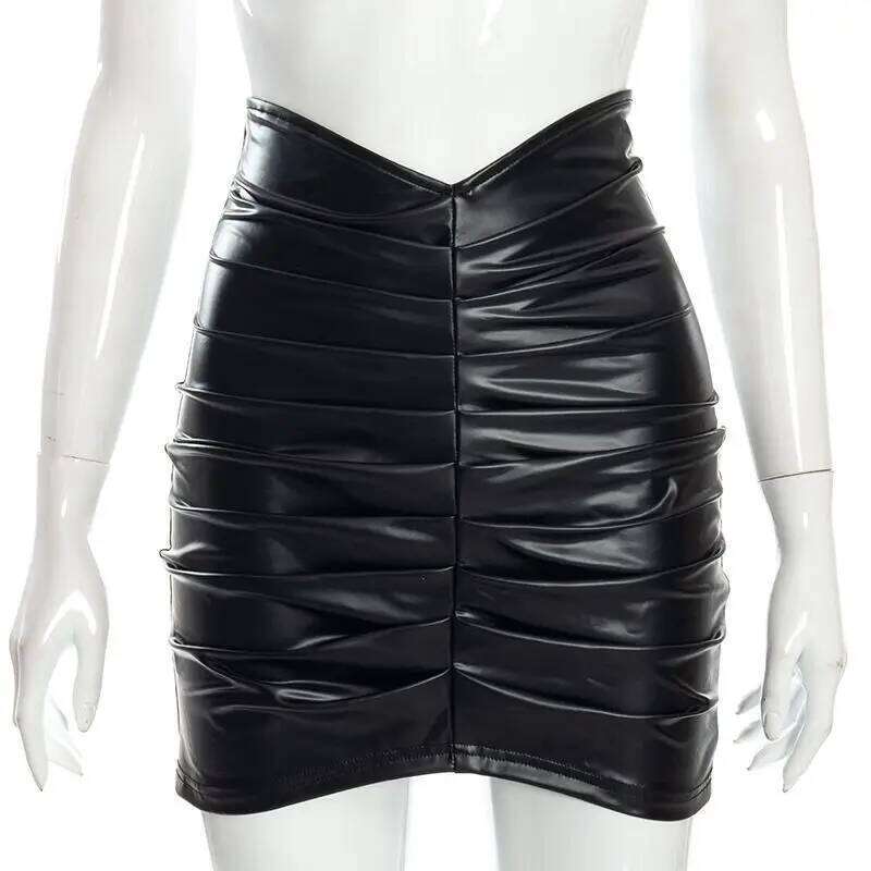 Women's Solid Color Pu Leather Skirts Fashion Sexy Folds Slim Package Hip Mini Skirt Streetwear Female 2026 Spring New Clothing XJ260309
