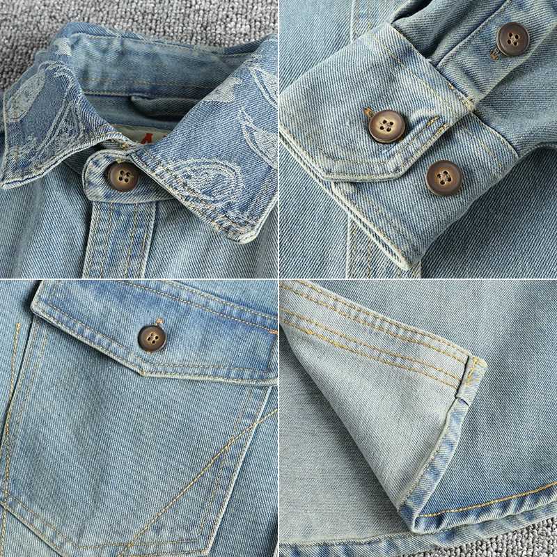 Heavy collar cashew flower embroidery design sense of British vintage denim shirt mens autumn trend coat with long sleeves M260309