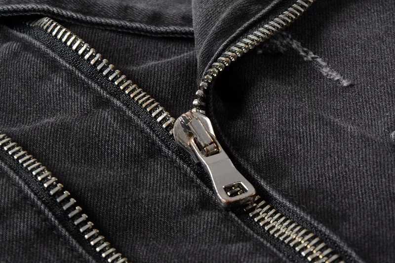 Mens Jacket Zippers Black Denim Jean Biker Jacket Motorcycle Vintage Epaulet Holes Ripped Distressed Coat for Men M260309