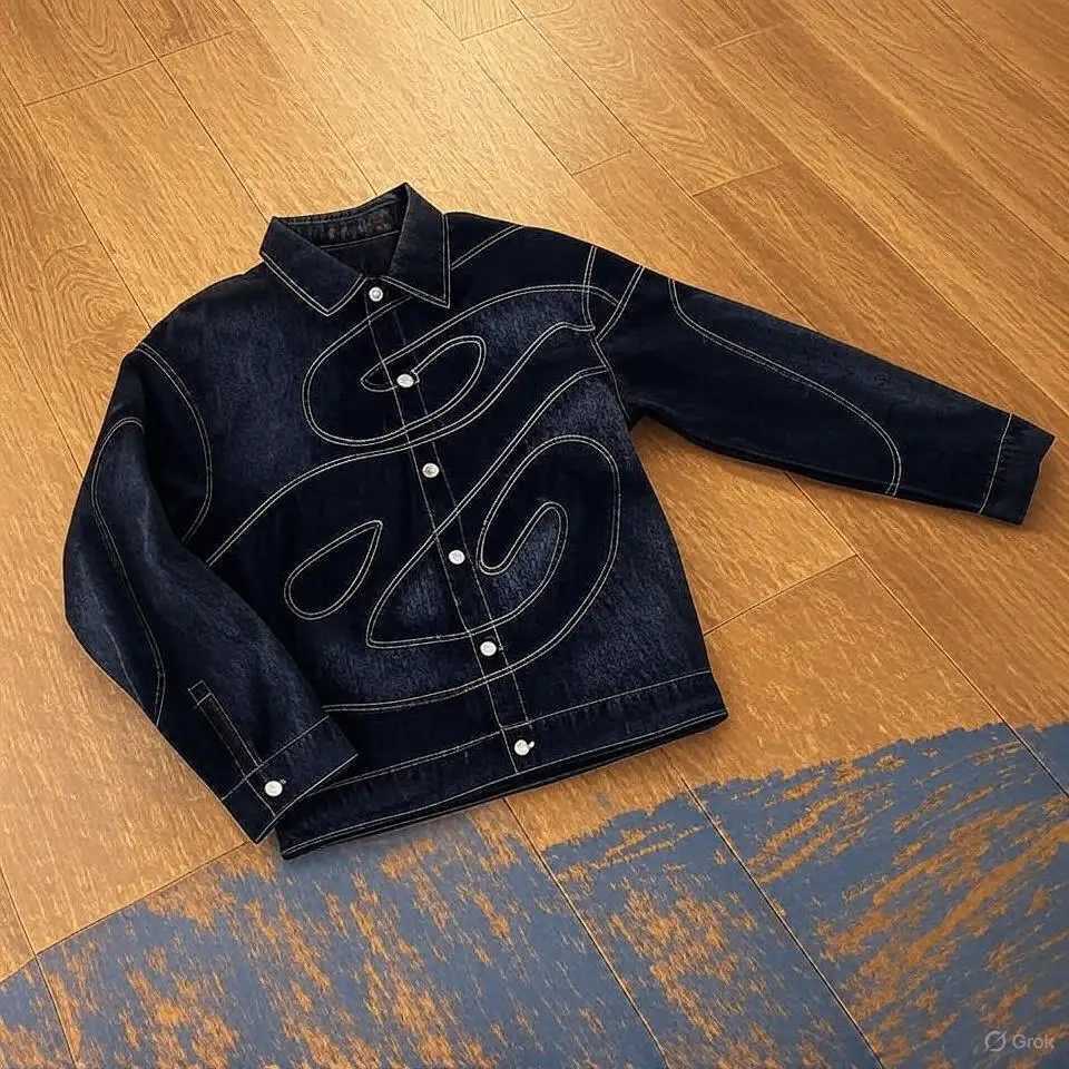American Streetwear Vintage Wavy Seam Denim Jacket Men Women Black Oversized Coat Curved Stitching Distressed Details Y2K Style M260309