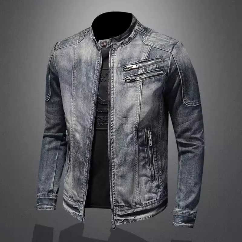 Denim Jackets Men Casual Stand Collar Moto Biker Outerwear Coats Mens Fashion Zippers Motorcycle Streetwear Jacket Male Clothes M260309