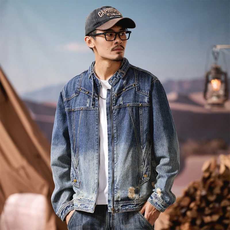 2025 American Style Retro Color Motorcycle Denim Jacket Mens Spring and Autumn Personalized Splicing Stand Up Collar Denim Jack M260309