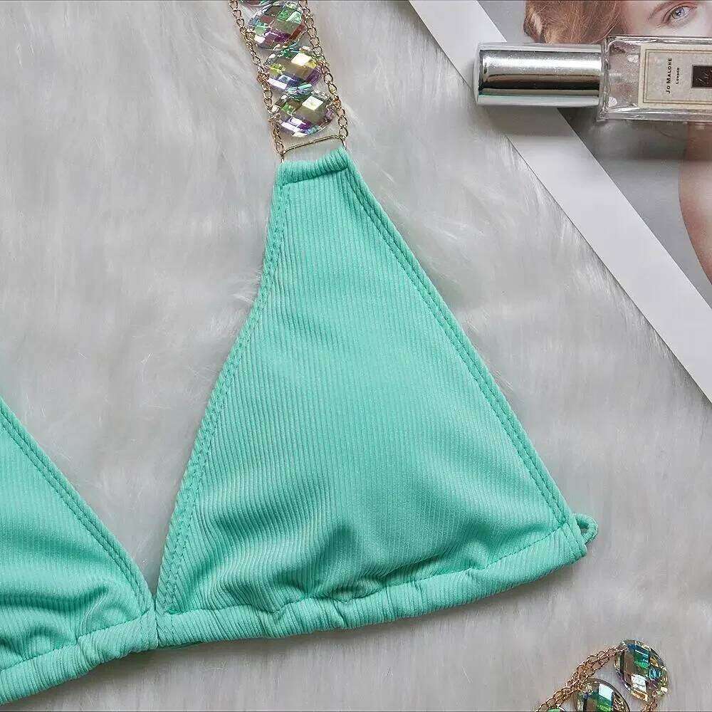 9 Colors Sexy Women Luxe Crystal Diamond Metal Chain Pit Striped Swimwear Swimsuit Bikinis Set Bathing Suit Beach Bikini XJ260206