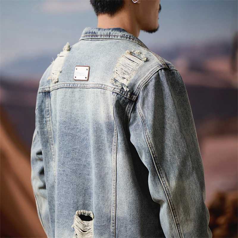 2025 Retro Hole Denim Jacket Mens Spring Autumn New Trend Brand Cool American Retro Style Casual Jacket for Men M260309