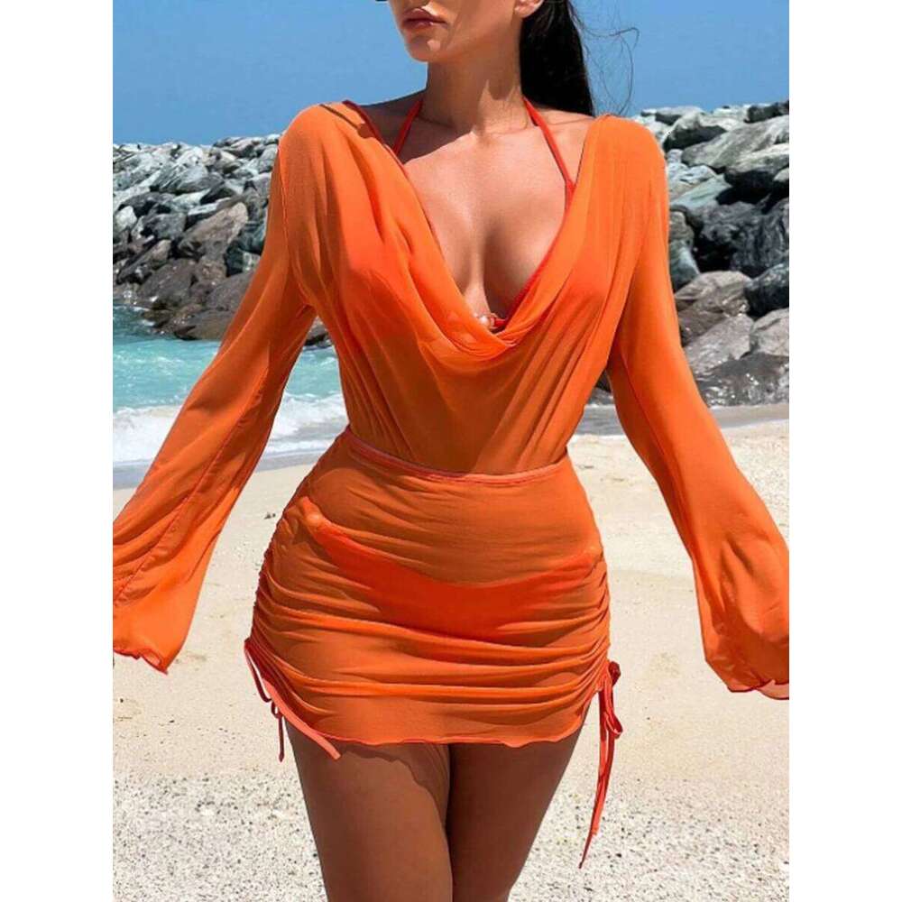 3 Pieces Halter Triangle Bikini 2025 String Swimsuit Women & Cover Up Swimwear Female Bathing Swimming Swim Suit Beachwear XJ260206