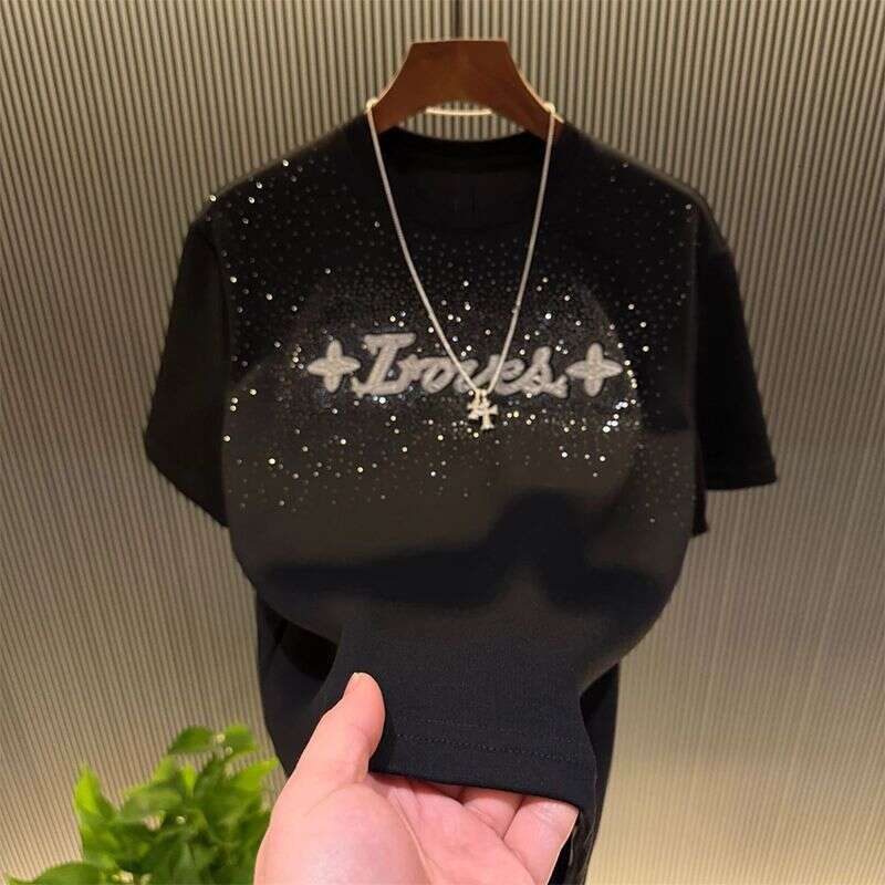 Faionable Mens ort Sve T-irt with Hotfix Rhinestones Letter Print round Ne Urban Sle Breathable Summer Top Asia Size