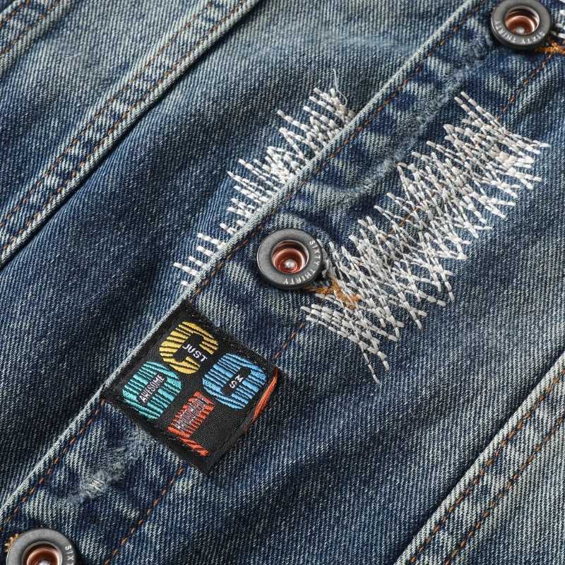 American Retro Denim Jacket with Mens Ripped Hole Splicing Trendy Jacket Loose Long Sleeved Denim Jacket Korean Fashion s63 M260309