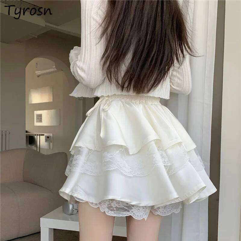 White Mini Skirts Women Lace Patchwork Sweet Ball Gown Sexy French Style Ruched Ruffled High Waist Summer Layered Romantic Gril XJ260309