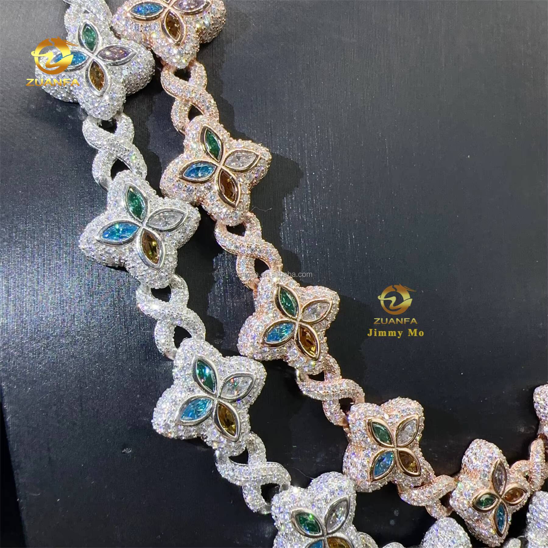 New Luxury Man Rapper Style Jewelry Iced Out Hip Hop VVS1 Fancy Moissanite Diamond Four Flowers Infinity Miami Cuban Link
