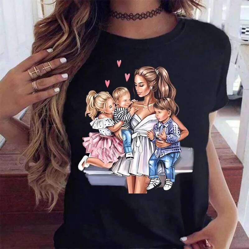 Maycaur Women Cartoon Mom with Sons Fashion Print Casual Woman Tee Ladies Female T-shirt Short Sleeve T Top Shirt XJ260306