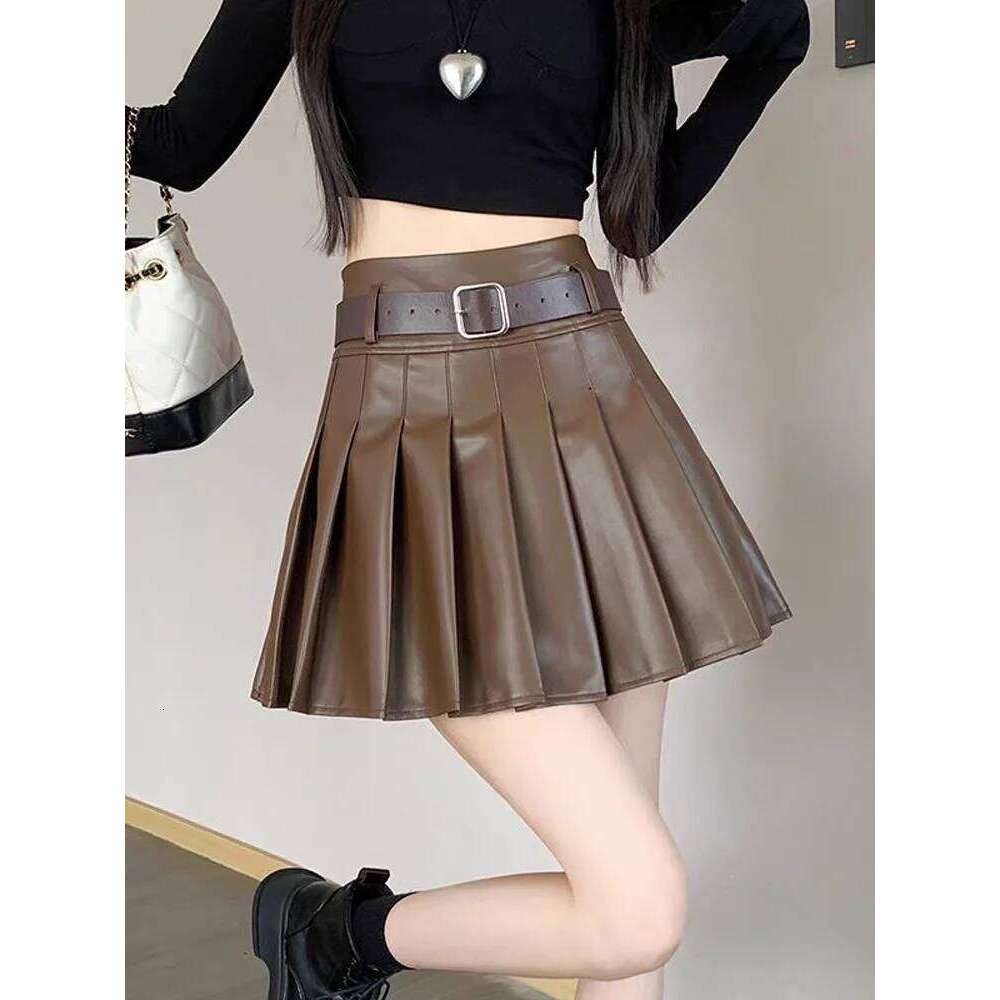 New 2025 Brown PU Leather Pleated Skirt: High Waist Slimming A-Line Mini Skirts for Petite Women - Spring Autumn XJ260309