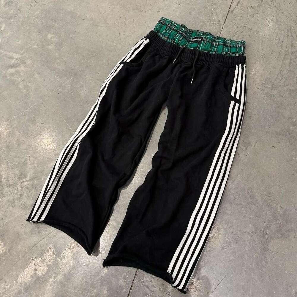 Patchwork Color-Block Fashion Striped Casual Pants For Men And Women, American Retro Loose Straight High-Waisted Wide-Leg Sweatpants Wholesale
