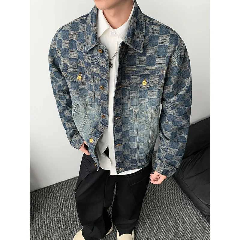 Vintage Loose Mens plaid Print Denim Jacket Spring Autumn Casual Versatile Hipster Long Sleeve Outerwear Coat M260309