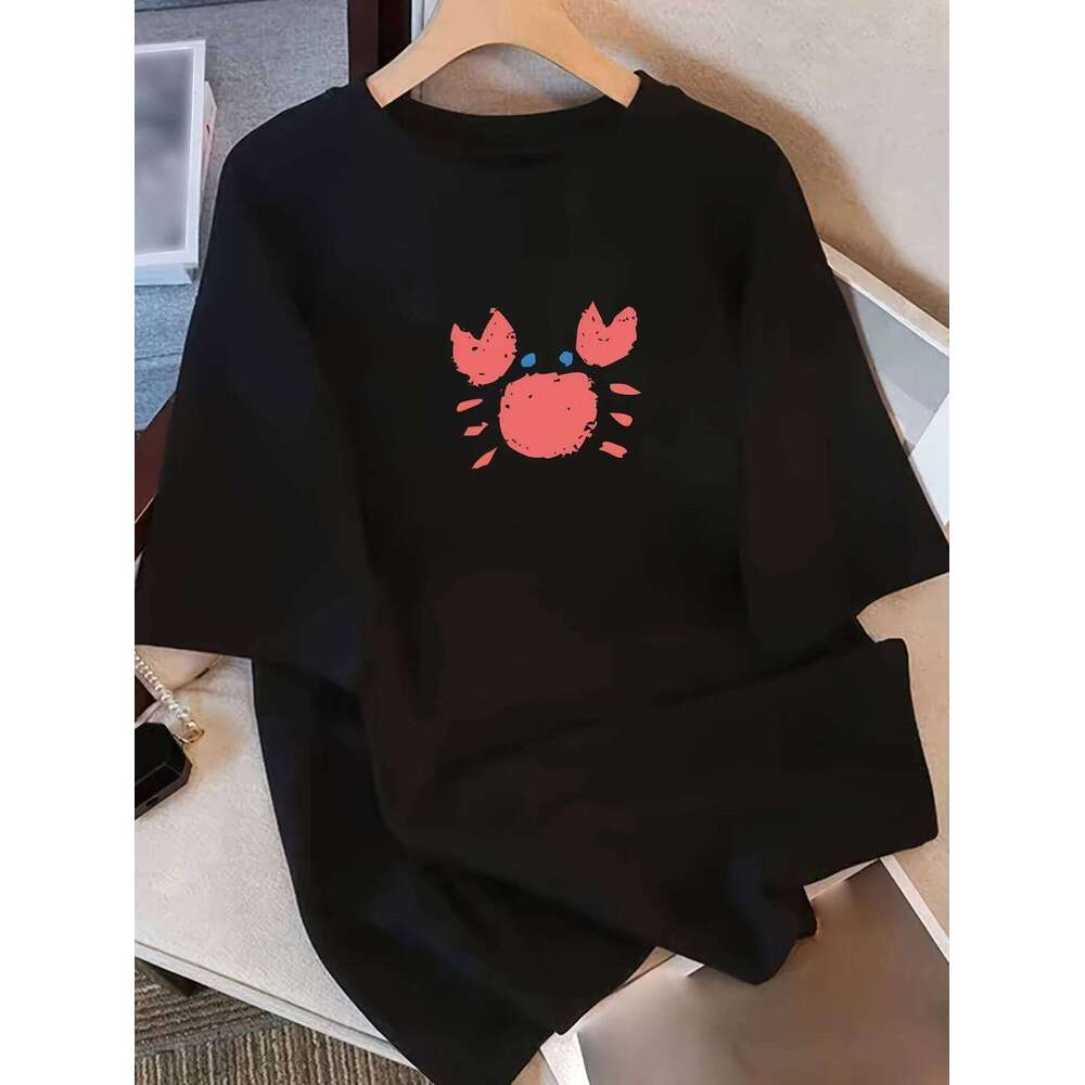 Shirt Style Black Round Neck Breathable Casual Top Crab Print Graphic T Shirts Vintage Summer Streetwear Women Clothing XJ260306