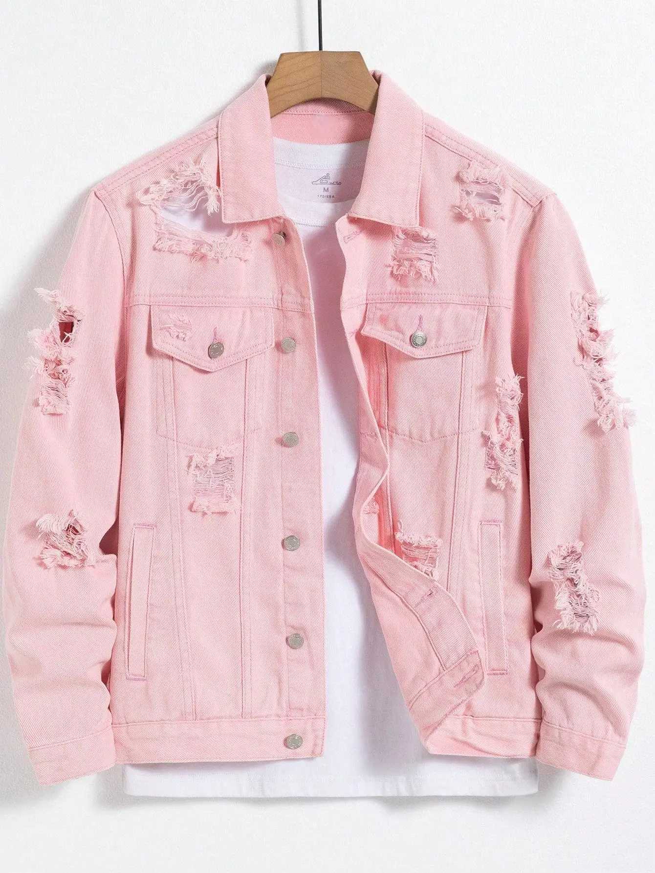 Mens denim jacket for spring and autumn Pink ripped denim jacket Daily casual Fashionable and trendy M260309