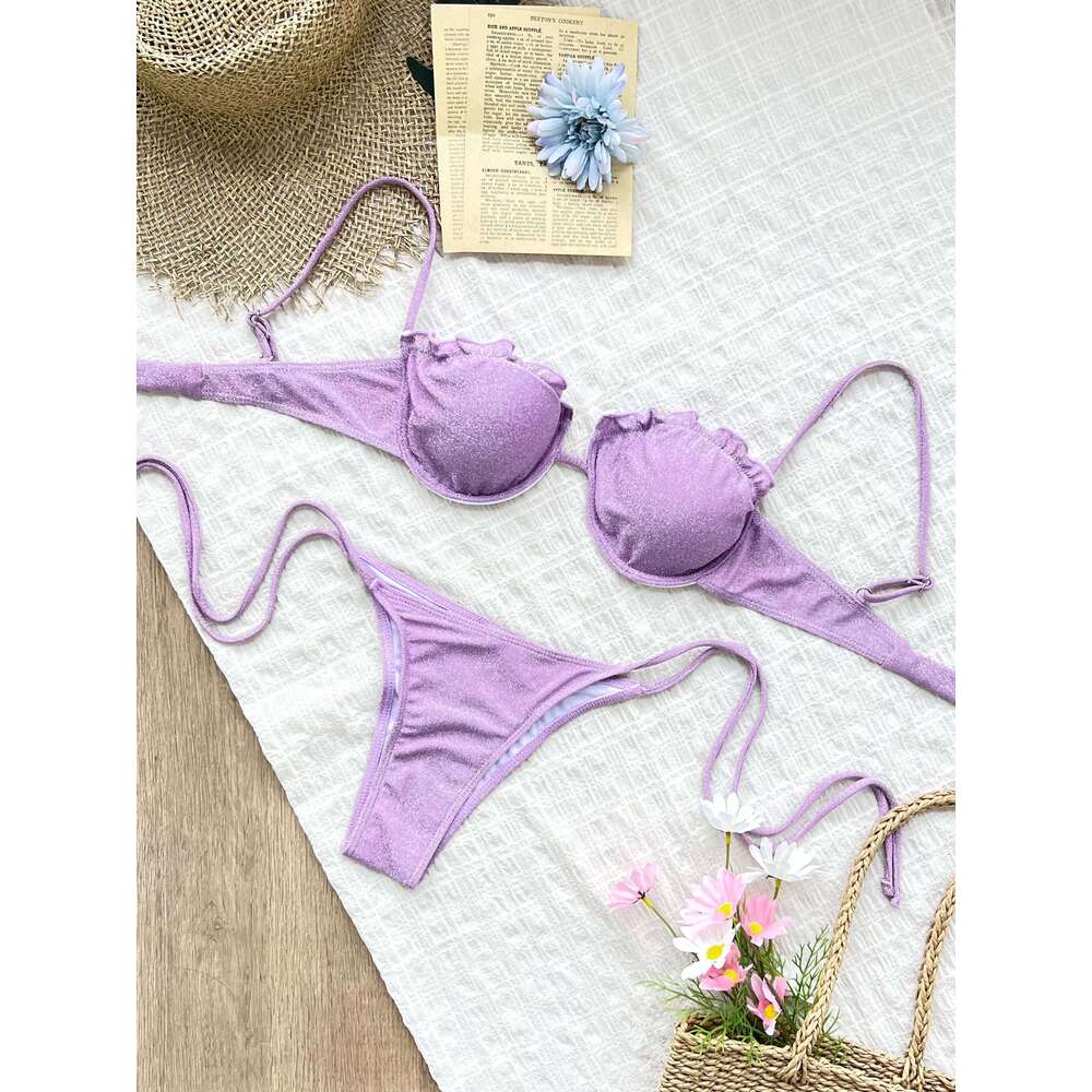 2025 Purple Bikini Set with Metal Ring Accent - Adjustable Straps High-Cut Bottoms Perfect for Beach Wear and Pool Parties XJ260206