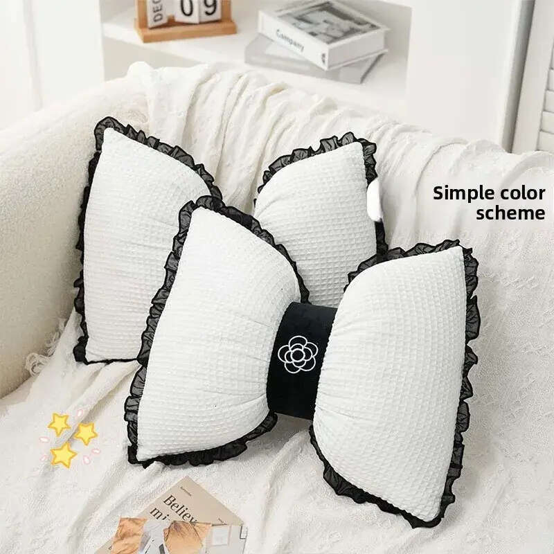 Waffle Bowknot Decorative Cushion: Lace Edge Camellia Lumbar Pillow for Living Room Support Cushion