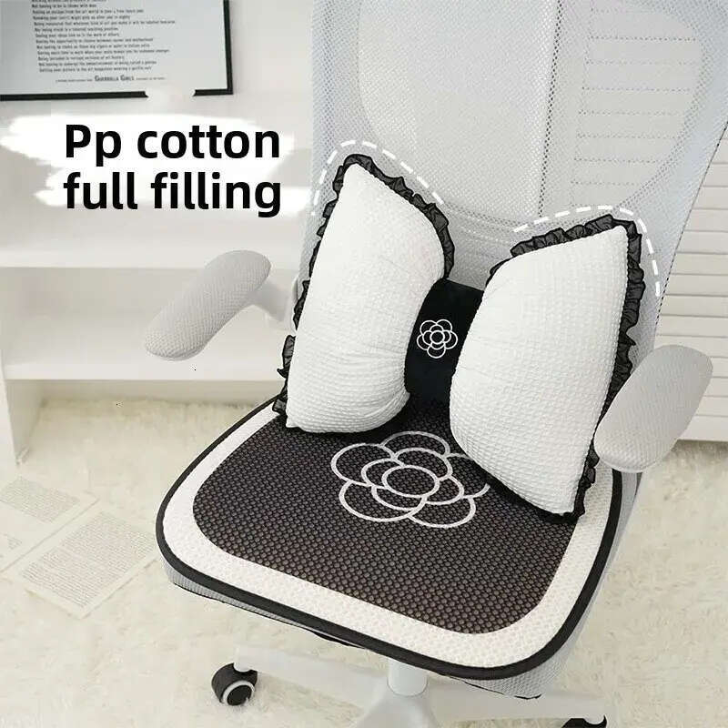 Waffle Bowknot Decorative Cushion: Lace Edge Camellia Lumbar Pillow for Living Room Support Cushion