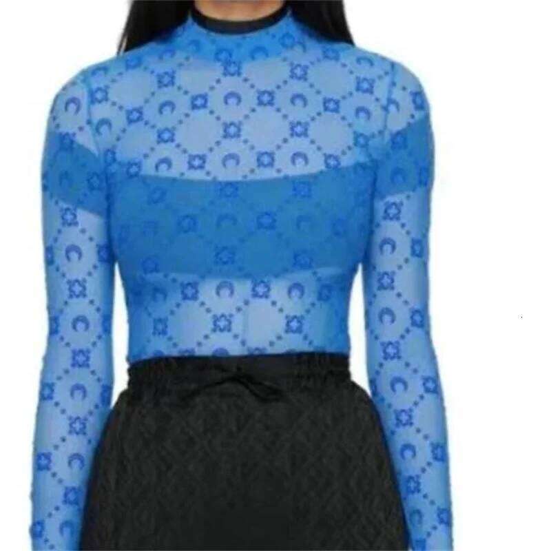 See Through Brand Women Tops Tulle Mesh Versatile Long Sleeve Moon Flocked Shirt Casual Thin Blouses Y K Sexy Sheer Blusas P MAKOUFEI