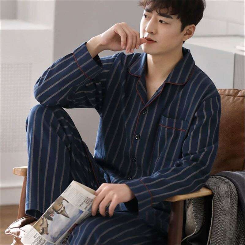 Men's Pajamas Spring Autumn, New Pure Cotton Cardigan With Sleeves And Long Pants, Korean Style Casual Home Set Suitable For Outdoor Wear