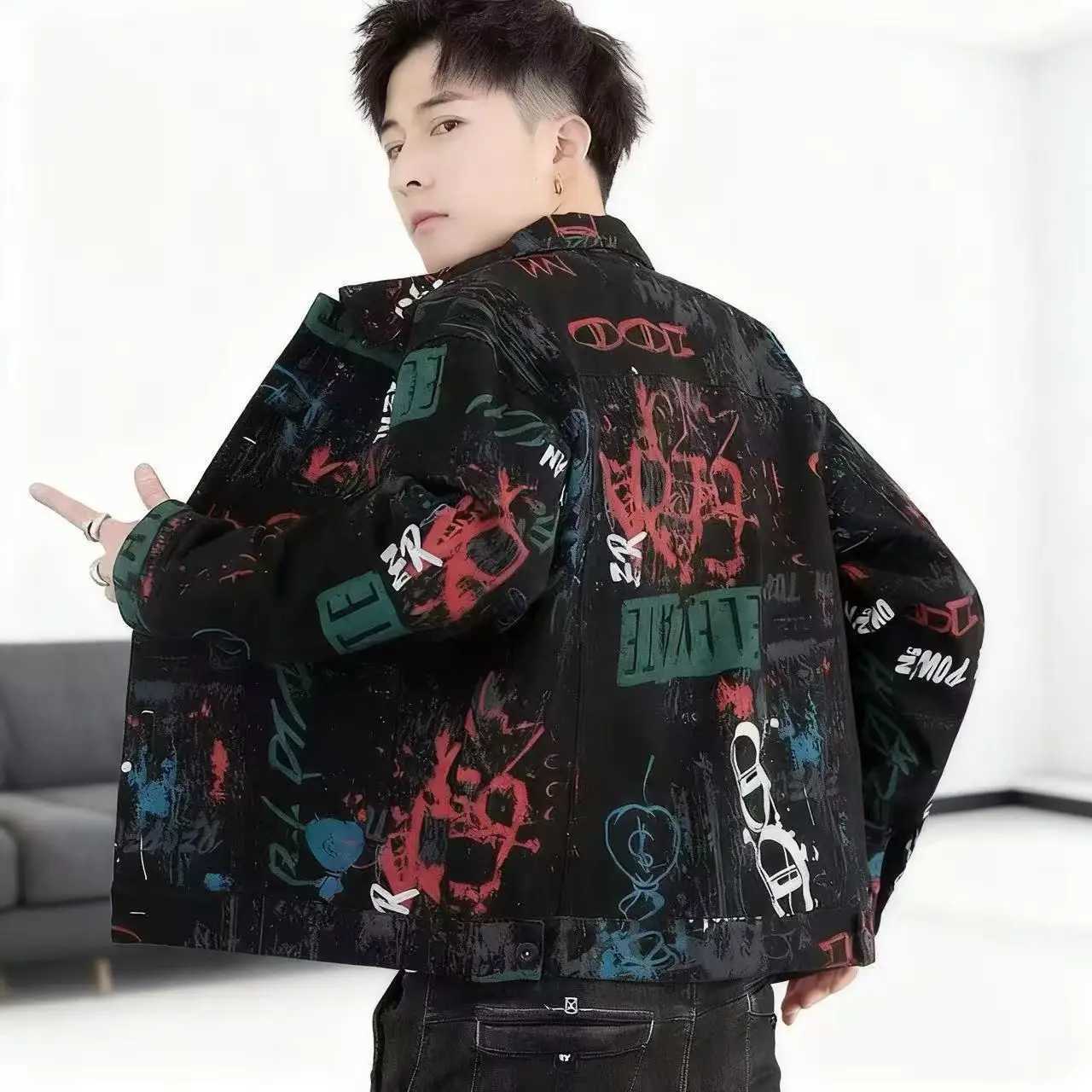 Vintage Loose Mens Print Denim Jacket Spring Autumn Casual Long Sleeve Outerwear Coat M260309