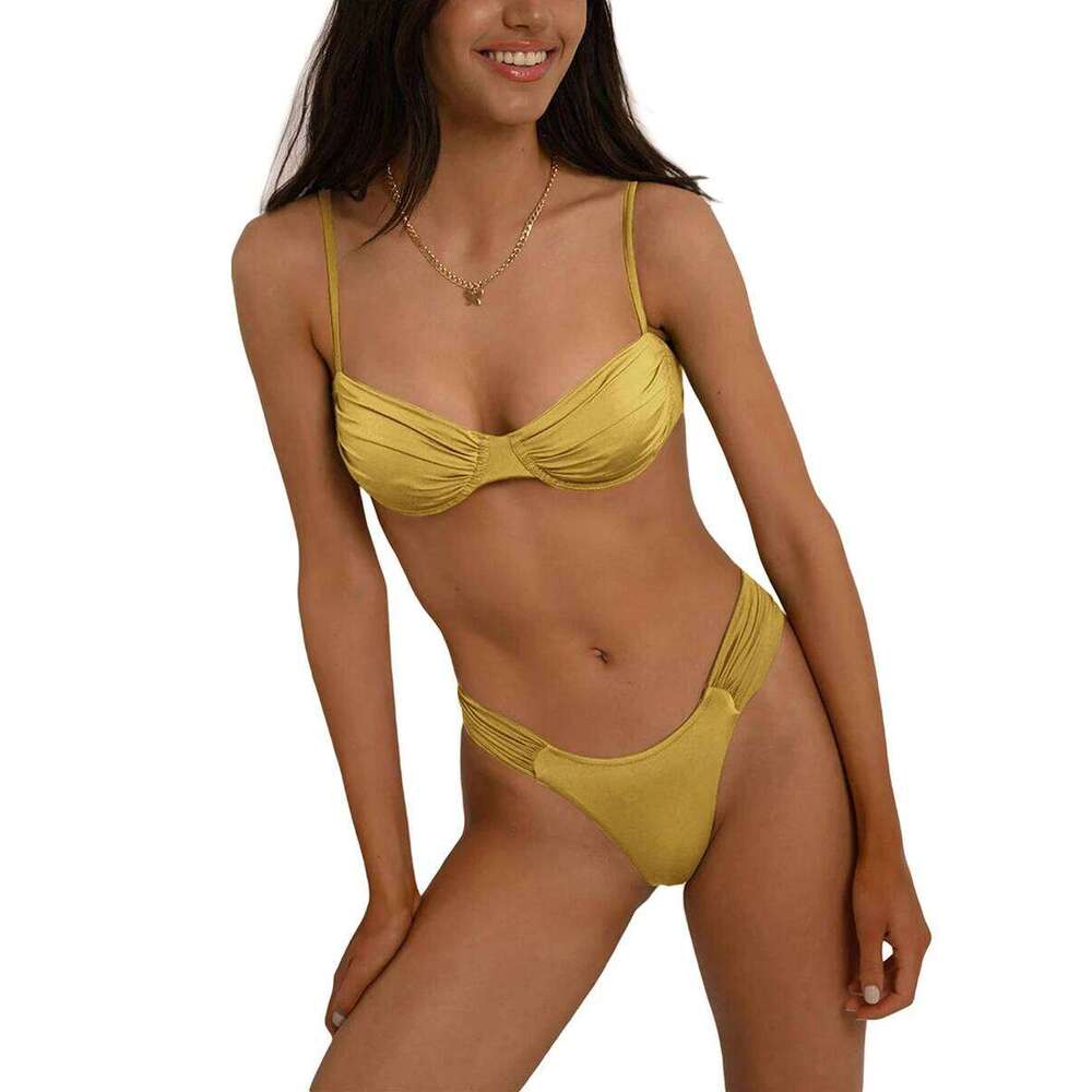 Padded Set Solid Color Pleated Sleeveless Bra+ Shorts Briefs Bikini For Women XJ260206