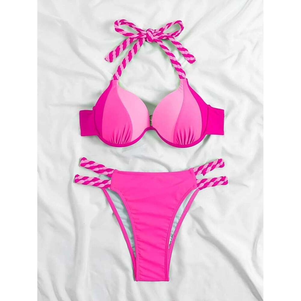 2025 Colorblock Push Up Bikini Halter Swimsuit Women Sexy Swimwear Female Bathers Bathing Swimming Swim Suit Beachwear XJ260206