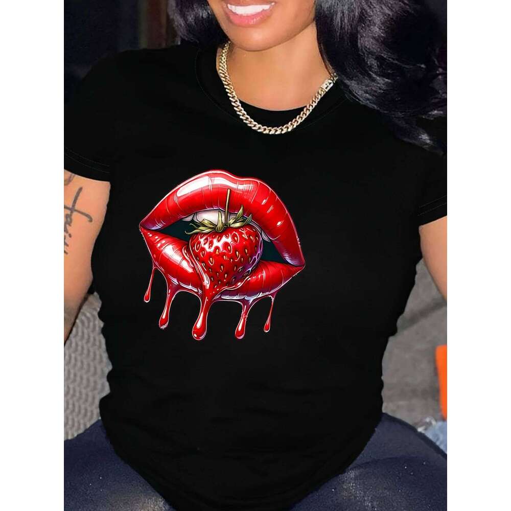 Women's Casual Sleeve T-Shirt Vibrant Orange Graphic Tee with Red Lips Strawberry Print Sleeved Harajuku Streetwear Tops Tees XJ260306