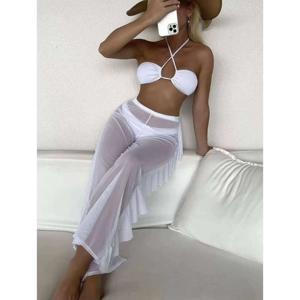 Bikini And Cover Up Set Plain Criss Cross Halter With Ruffle Pants Bandeau Swimsuit Women 2024 Black/White Swimwear Bathing Suit XJ260206