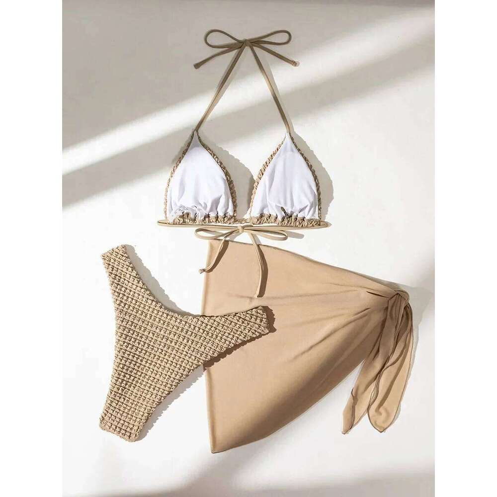 3PCS with Mesh Sarong Wrinkled Halter Female Swimsuit Women Swimwear Three-pieces Bikini Set Bathing Suit Swim Beach Wear XJ260206