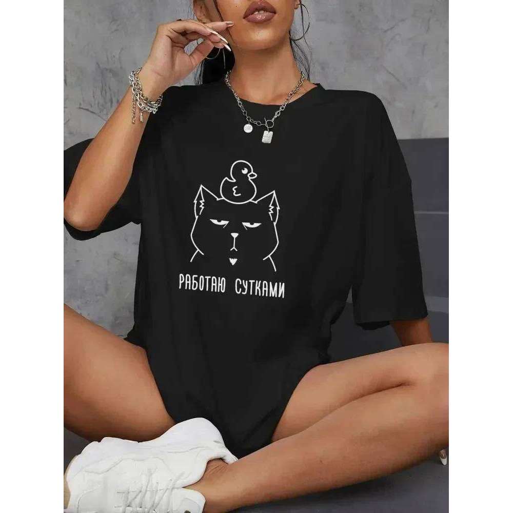 Russian Script Prints T-Shirts Women Short Sleeve Tees Casual Loose O-Neck Tops Summer Street Female Clothes Graphic T Shirts XJ260306