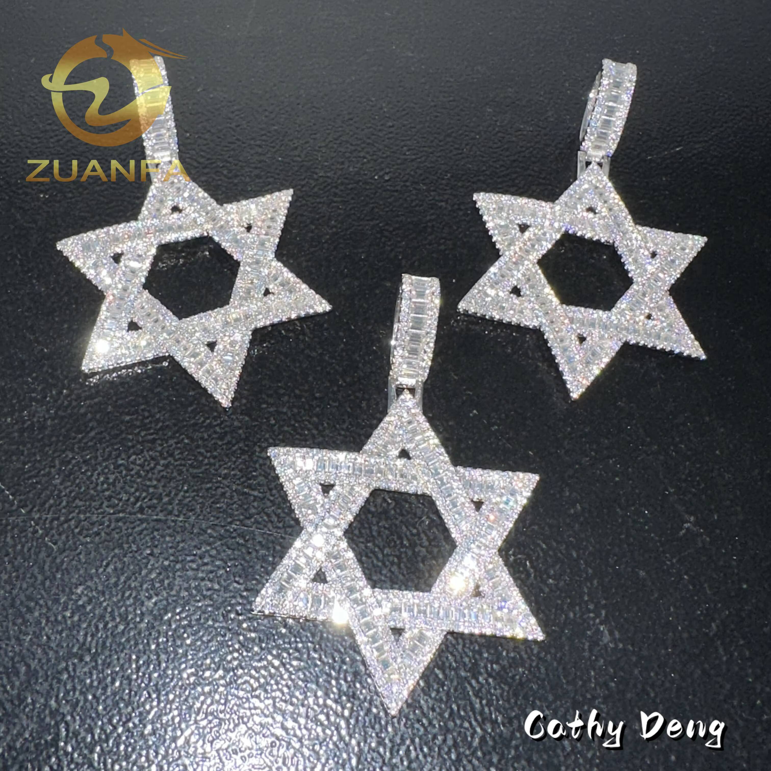 Ready to Ship Vvs Moissanite Hip Hop Jewelry Star Iced Out Pendant Sterling Silver 925 Moissanite Charm Pendant baguette Cut