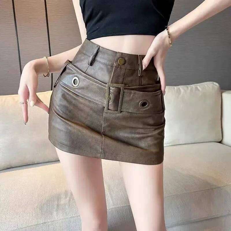 Vintage PU Skirts Sexy High Waist A-line Mini With belt Women Bodycon Party Skirt Spring Summer Streetwear XJ260309