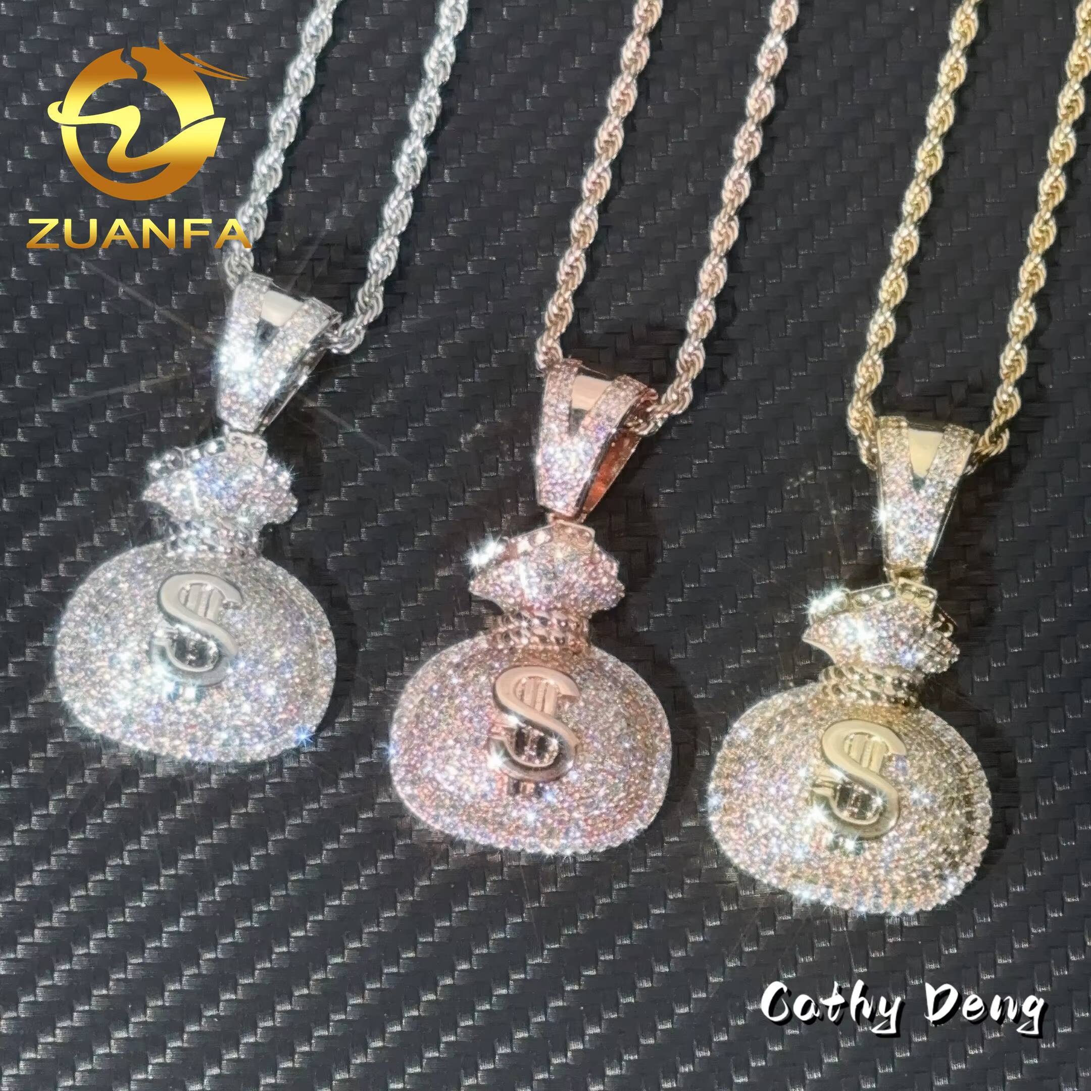 48h Shipping 925 Solid Silver Lucky Money Bag Moisssanite Pendant Hip Hop Jewelry Iced Out Pendant Free Rope Chain