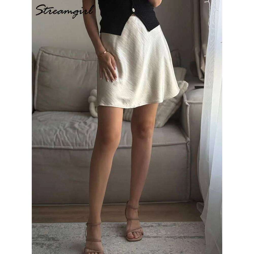 Summer Short For Women Office Wear Black A Line Luxury Mini Satin Skirt Ladies High Waist Simple Women's Skirts Silk XJ260309