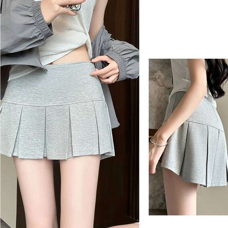Korean Mini Women Summer 2025 New High Waist Wide Pleat Light Grey Sexy Vintage A-Line Pleated Skirt Casual Skort XJ260309